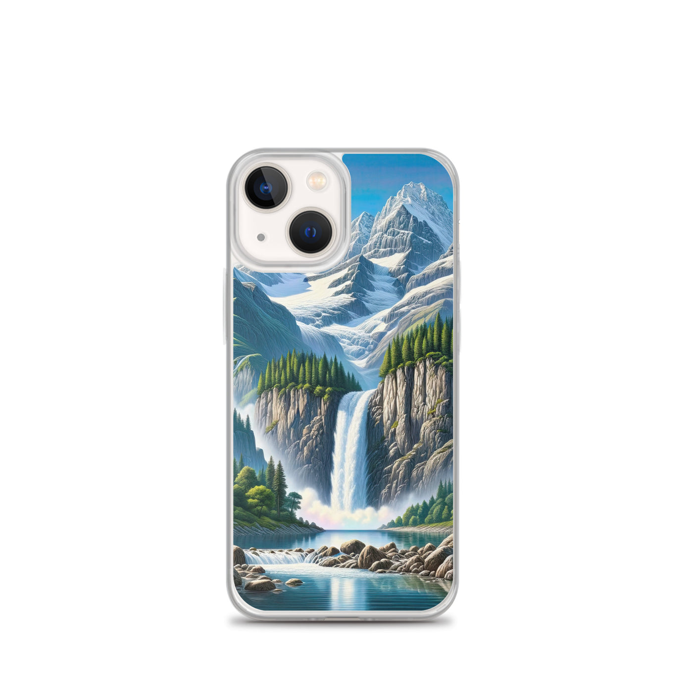 Illustration einer unberührten Alpenkulisse im Hochsommer. Wasserfall und See - iPhone Schutzhülle (durchsichtig) berge xxx yyy zzz iPhone 13 mini