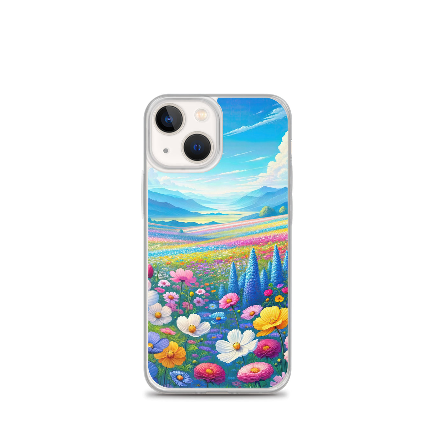 Weitläufiges Blumenfeld unter himmelblauem Himmel, leuchtende Flora - iPhone Schutzhülle (durchsichtig) camping xxx yyy zzz iPhone 13 mini