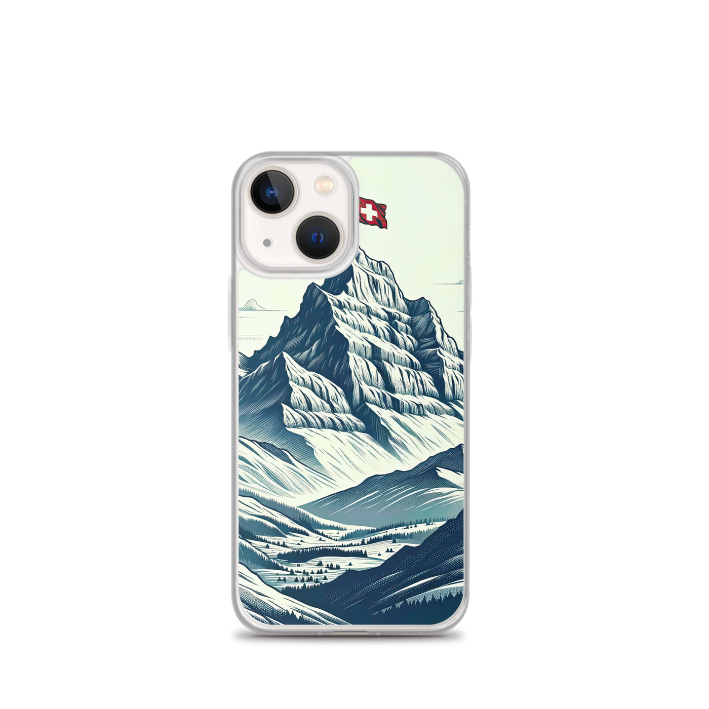 Ausgedehnte Bergkette mit dominierendem Gipfel und wehender Schweizer Flagge - iPhone Schutzhülle (durchsichtig) berge xxx yyy zzz iPhone 13 mini