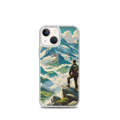 Panoramablick der Alpen mit Wanderer auf einem Hügel und schroffen Gipfeln - iPhone Schutzhülle (durchsichtig) wandern xxx yyy zzz iPhone 13 mini