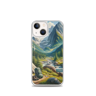Ölgemälde der Alpensommerlandschaft mit Zelt, Gipfeln, Wäldern und Bächen - iPhone Schutzhülle (durchsichtig) camping xxx yyy zzz iPhone 13 mini