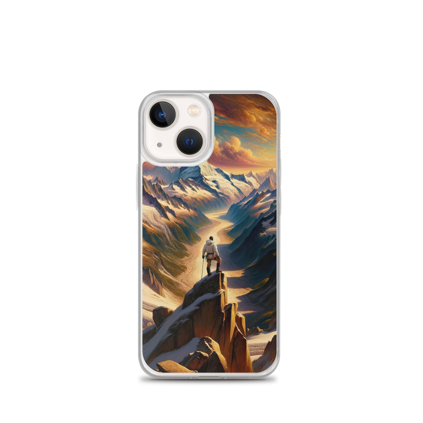 Ölgemälde eines Wanderers auf einem Hügel mit Panoramablick auf schneebedeckte Alpen und goldenen Himmel - iPhone Schutzhülle (durchsichtig) wandern xxx yyy zzz iPhone 13 mini