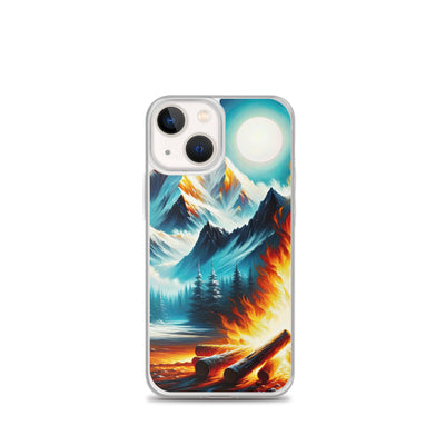 Ölgemälde von Feuer und Eis: Lagerfeuer und Alpen im Kontrast, warme Flammen - iPhone Schutzhülle (durchsichtig) camping xxx yyy zzz iPhone 13 mini