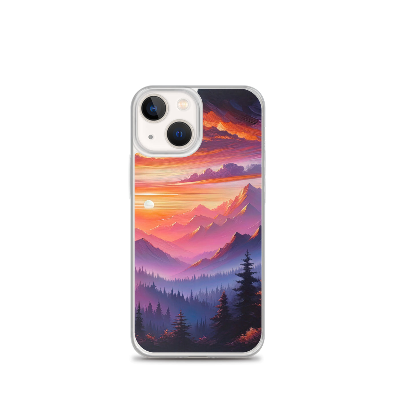 Ölgemälde der Alpenlandschaft im ätherischen Sonnenuntergang, himmlische Farbtöne - iPhone Schutzhülle (durchsichtig) berge xxx yyy zzz iPhone 13 mini