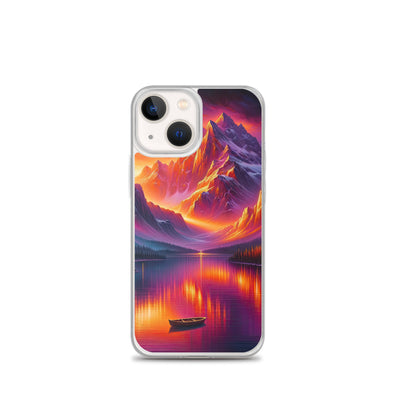 Ölgemälde eines Bootes auf einem Bergsee bei Sonnenuntergang, lebendige Orange-Lila Töne - iPhone Schutzhülle (durchsichtig) berge xxx yyy zzz iPhone 13 mini