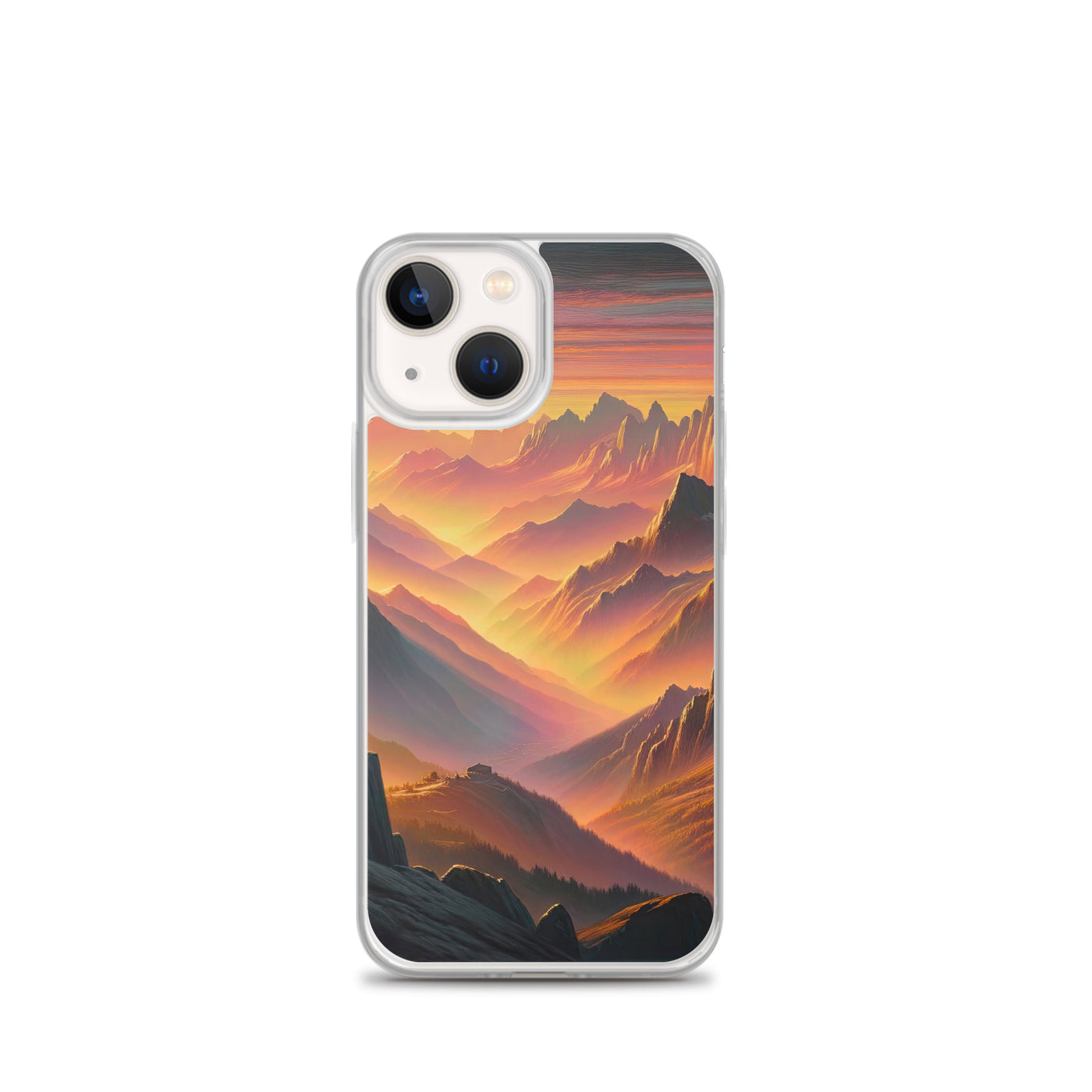 Ölgemälde der Alpen in der goldenen Stunde mit Wanderer, Orange-Rosa Bergpanorama - iPhone Schutzhülle (durchsichtig) wandern xxx yyy zzz iPhone 13 mini