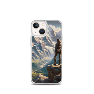 Ölgemälde der Alpengipfel mit Schweizer Abenteurerin auf Felsvorsprung - iPhone Schutzhülle (durchsichtig) wandern xxx yyy zzz iPhone 13 mini