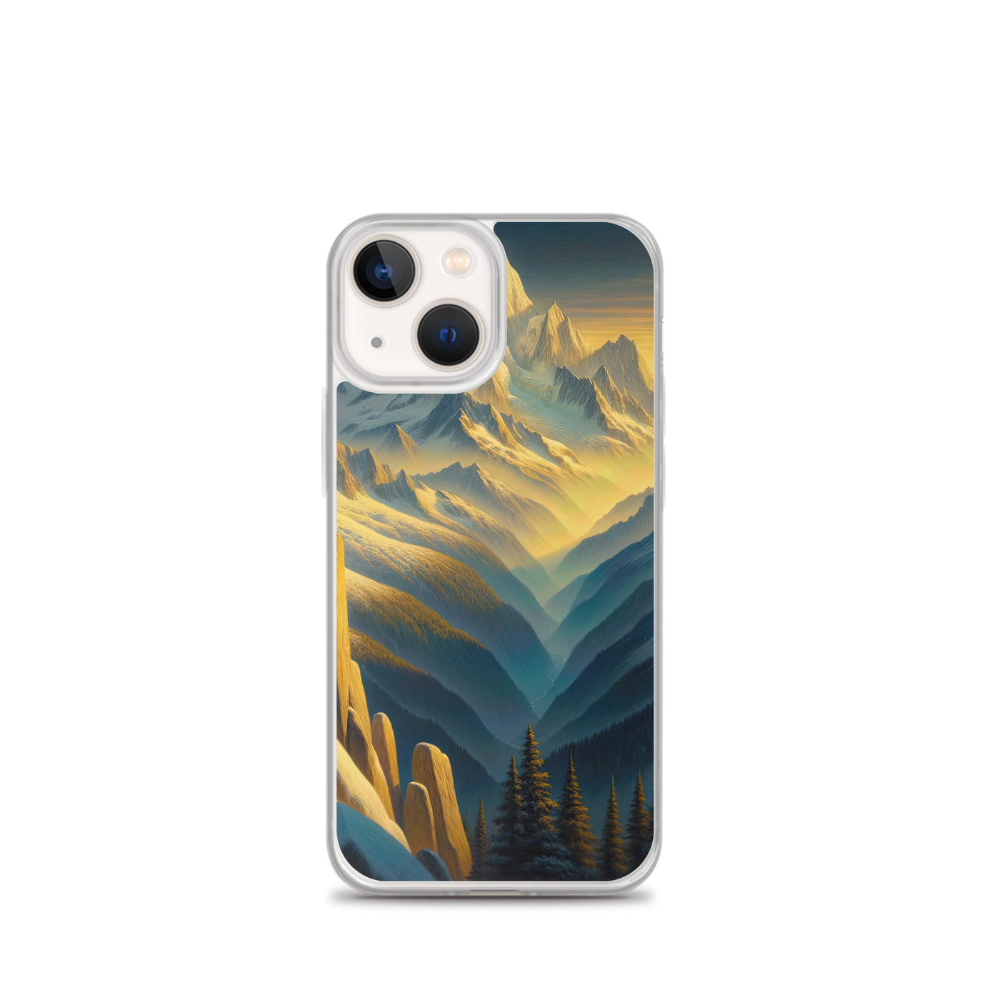 Ölgemälde eines Wanderers bei Morgendämmerung auf Alpengipfeln mit goldenem Sonnenlicht - iPhone Schutzhülle (durchsichtig) wandern xxx yyy zzz iPhone 13 mini