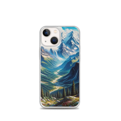Panorama-Ölgemälde der Alpen mit schneebedeckten Gipfeln und schlängelnden Flusstälern - iPhone Schutzhülle (durchsichtig) berge xxx yyy zzz iPhone 13 mini