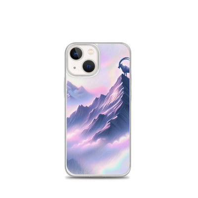 Pastellzeichnung der Alpen im Morgengrauen mit Steinbock in Rosa- und Lavendeltönen - iPhone Schutzhülle (durchsichtig) berge xxx yyy zzz iPhone 13 mini