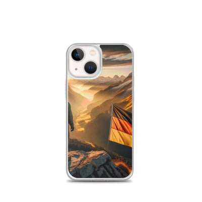 Foto der Alpen bei Sonnenuntergang mit deutscher Flagge und Wanderer, goldenes Licht auf Schneegipfeln - iPhone Schutzhülle (durchsichtig) berge xxx yyy zzz iPhone 13 mini