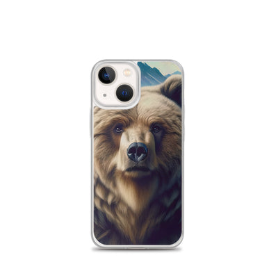 Foto eines Bären vor abstrakt gemalten Alpenbergen, Oberkörper im Fokus - iPhone Schutzhülle (durchsichtig) camping xxx yyy zzz iPhone 13 mini