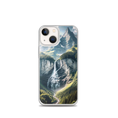 Foto der sommerlichen Alpen mit üppigen Gipfeln und Wasserfall - iPhone Schutzhülle (durchsichtig) berge xxx yyy zzz iPhone 13 mini