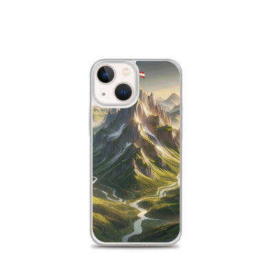 Fotorealistisches Bild der Alpen mit österreichischer Flagge, scharfen Gipfeln und grünen Tälern - iPhone Schutzhülle (durchsichtig) berge xxx yyy zzz iPhone 13 mini