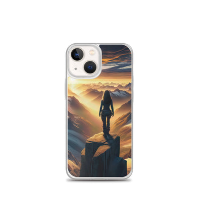 Fotorealistische Darstellung der Alpen bei Sonnenaufgang, Wanderin unter einem gold-purpurnen Himmel - iPhone Schutzhülle (durchsichtig) wandern xxx yyy zzz iPhone 13 mini