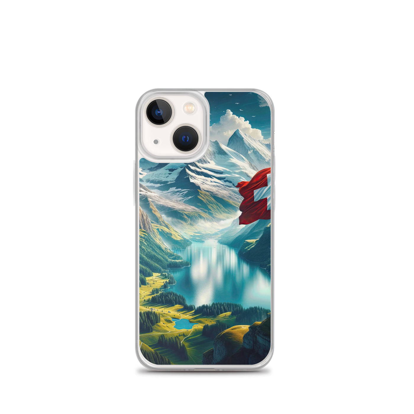 Ultraepische, fotorealistische Darstellung der Schweizer Alpenlandschaft mit Schweizer Flagge - iPhone Schutzhülle (durchsichtig) berge xxx yyy zzz iPhone 13 mini