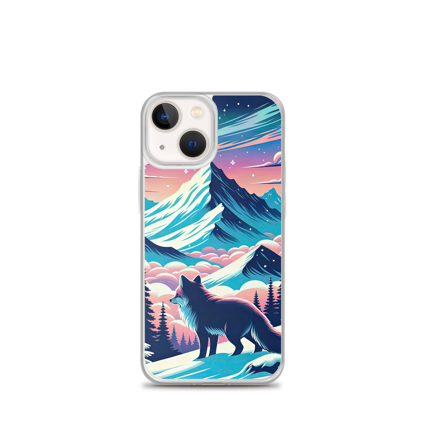 Vektorgrafik eines alpinen Winterwunderlandes mit schneebedeckten Kiefern und einem Fuchs - iPhone Schutzhülle (durchsichtig) camping xxx yyy zzz iPhone 13 mini