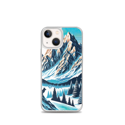 Vektorgrafik eines Wolfes im winterlichen Alpenmorgen, Berge mit Schnee- und Felsmustern - iPhone Schutzhülle (durchsichtig) berge xxx yyy zzz iPhone 13 mini