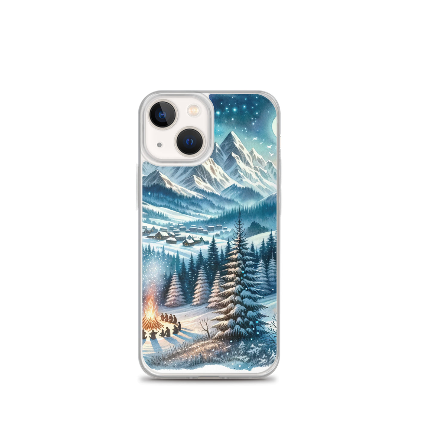Aquarell eines Winterabends in den Alpen mit Lagerfeuer und Wanderern, glitzernder Neuschnee - iPhone Schutzhülle (durchsichtig) camping xxx yyy zzz iPhone 13 mini