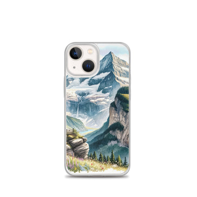 Aquarell-Panoramablick der Alpen mit schneebedeckten Gipfeln, Wasserfällen und Wanderern - iPhone Schutzhülle (durchsichtig) wandern xxx yyy zzz iPhone 13 mini