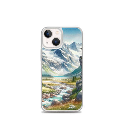 Aquarellmalerei eines Bären und der sommerlichen Alpenschönheit mit schneebedeckten Ketten - iPhone Schutzhülle (durchsichtig) camping xxx yyy zzz iPhone 13 mini