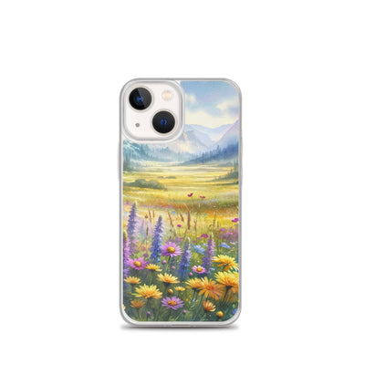 Aquarell einer Almwiese in Ruhe, Wildblumenteppich in Gelb, Lila, Rosa - iPhone Schutzhülle (durchsichtig) berge xxx yyy zzz iPhone 13 mini