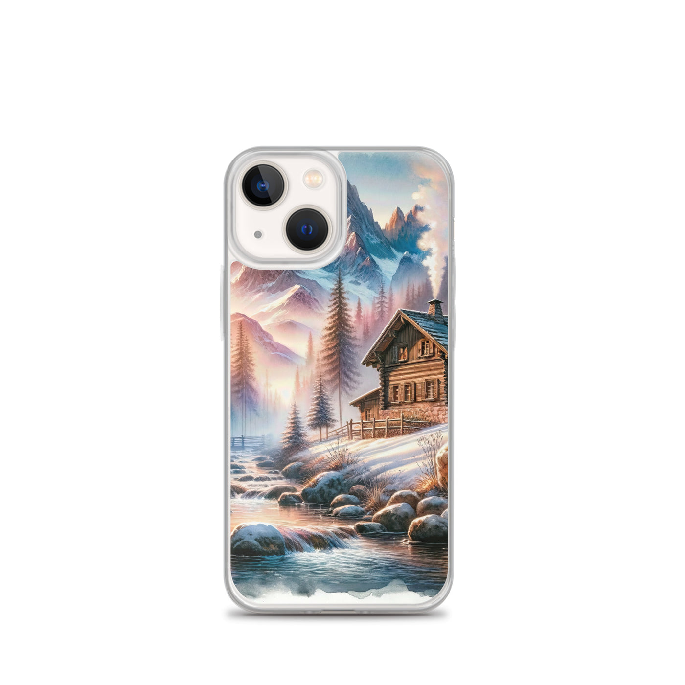 Aquarell einer Alpenszene im Morgengrauen, Haus in den Bergen - iPhone Schutzhülle (durchsichtig) berge xxx yyy zzz iPhone 13 mini