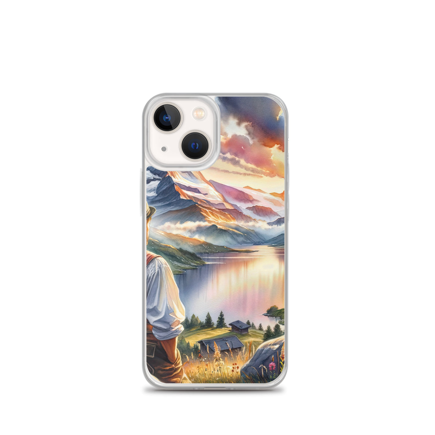 Aquarell einer Berglandschaft in der goldenen Stunde mit österreichischem Wanderer - iPhone Schutzhülle (durchsichtig) wandern xxx yyy zzz iPhone 13 mini