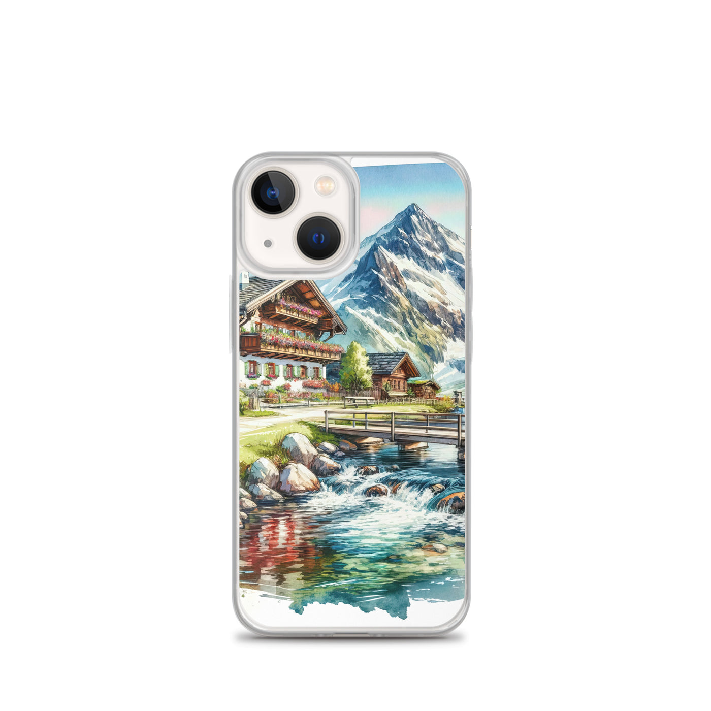 Aquarell der frühlingshaften Alpenkette mit österreichischer Flagge und schmelzendem Schnee - iPhone Schutzhülle (durchsichtig) berge xxx yyy zzz iPhone 13 mini