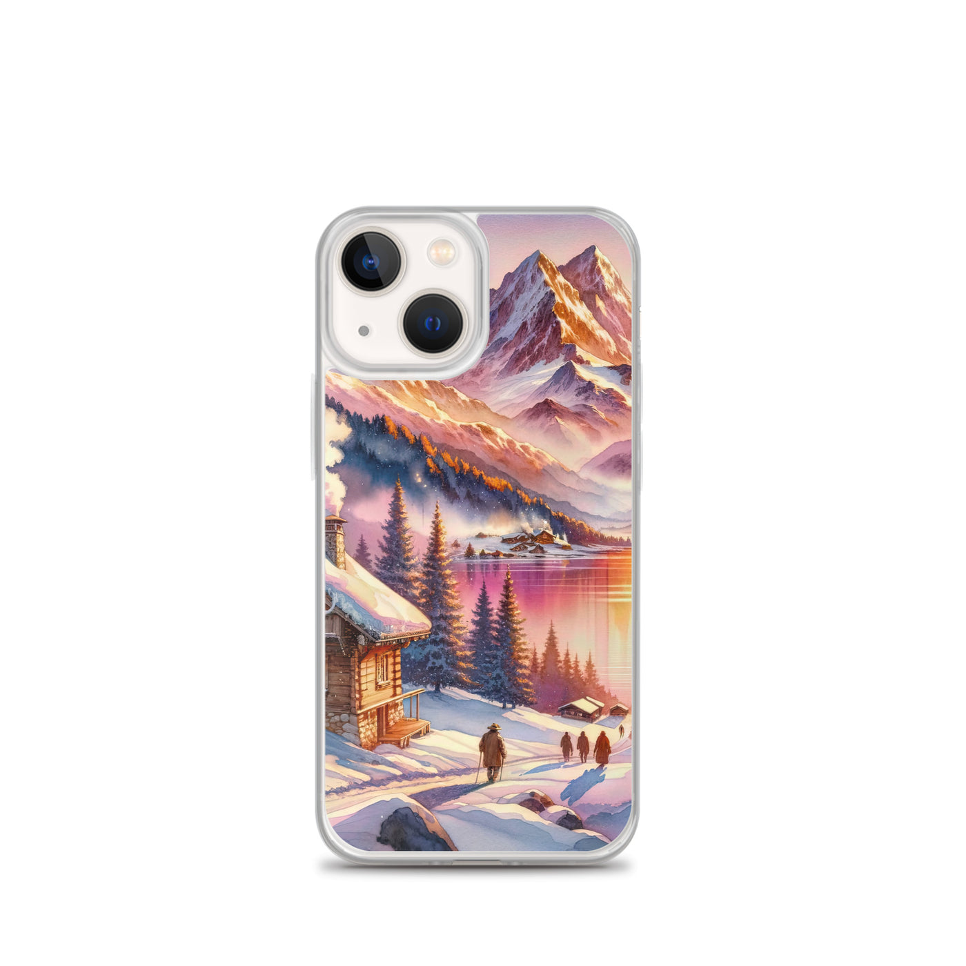 Aquarell eines Alpenpanoramas mit Wanderern bei Sonnenuntergang in Rosa und Gold - iPhone Schutzhülle (durchsichtig) wandern xxx yyy zzz iPhone 13 mini