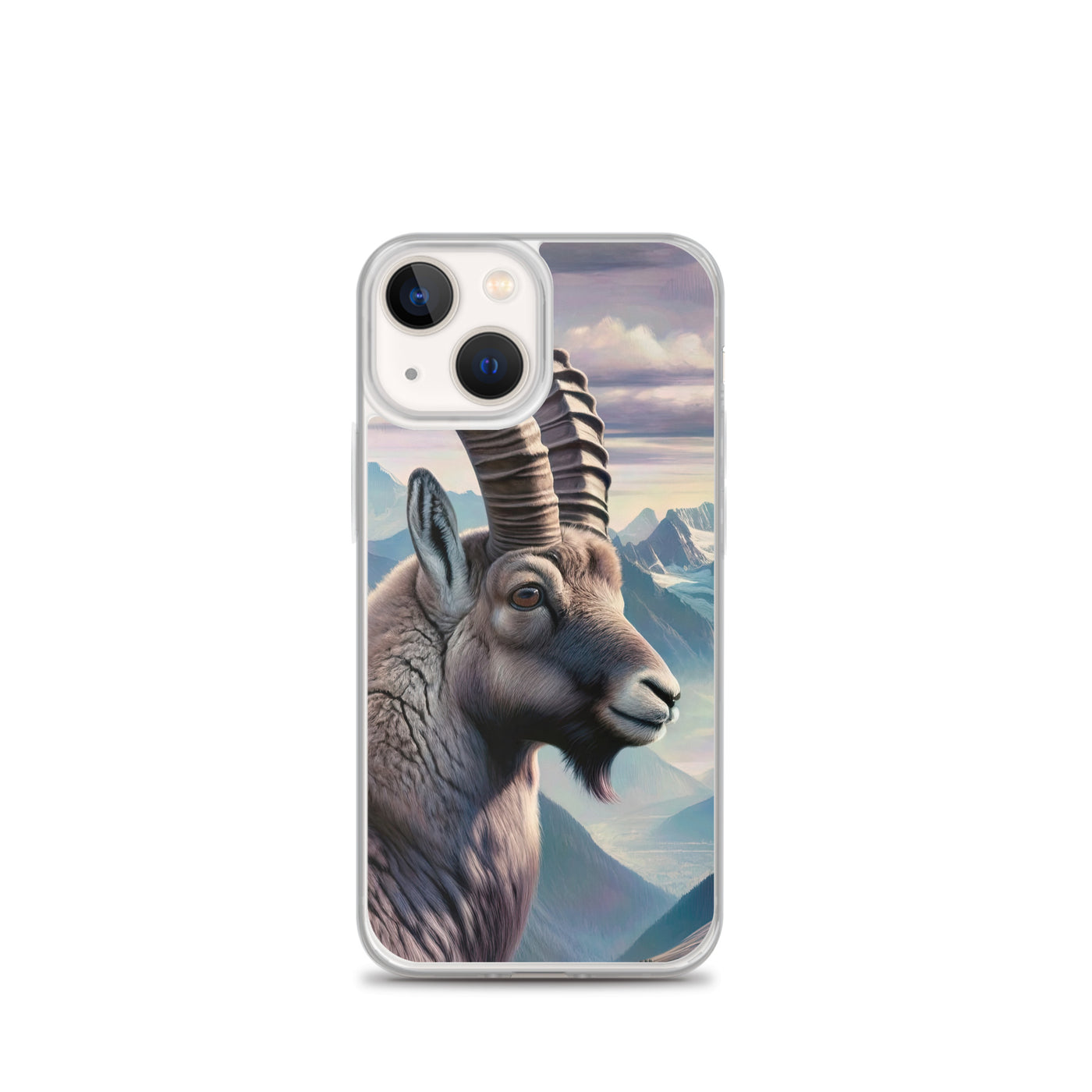 Digitales Steinbock-Porträt vor Alpenkulisse - iPhone Schutzhülle (durchsichtig) berge xxx yyy zzz iPhone 13 mini