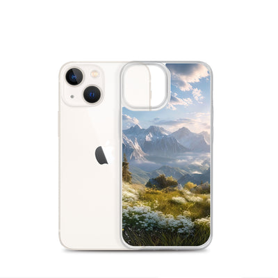 Berglandschaft mit Sonnenschein, Blumen und Bäumen - Malerei - iPhone Schutzhülle (durchsichtig) berge xxx