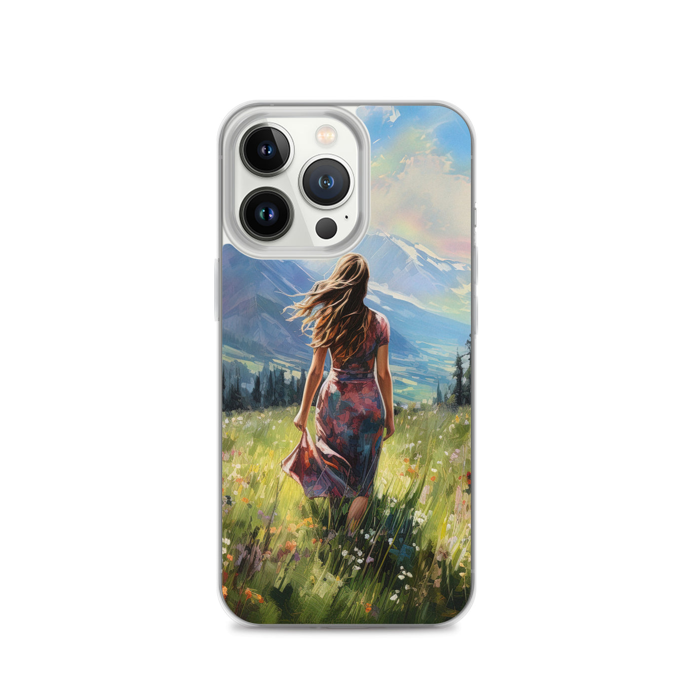 Frau mit langen Kleid im Feld mit Blumen - Berge im Hintergrund - Malerei - iPhone Schutzhülle (durchsichtig) berge xxx iPhone 13 Pro
