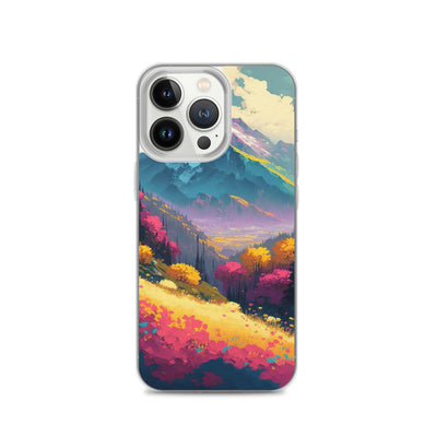 Berge, pinke und gelbe Bäume, sowie Blumen - Farbige Malerei - iPhone Schutzhülle (durchsichtig) berge xxx iPhone 13 Pro