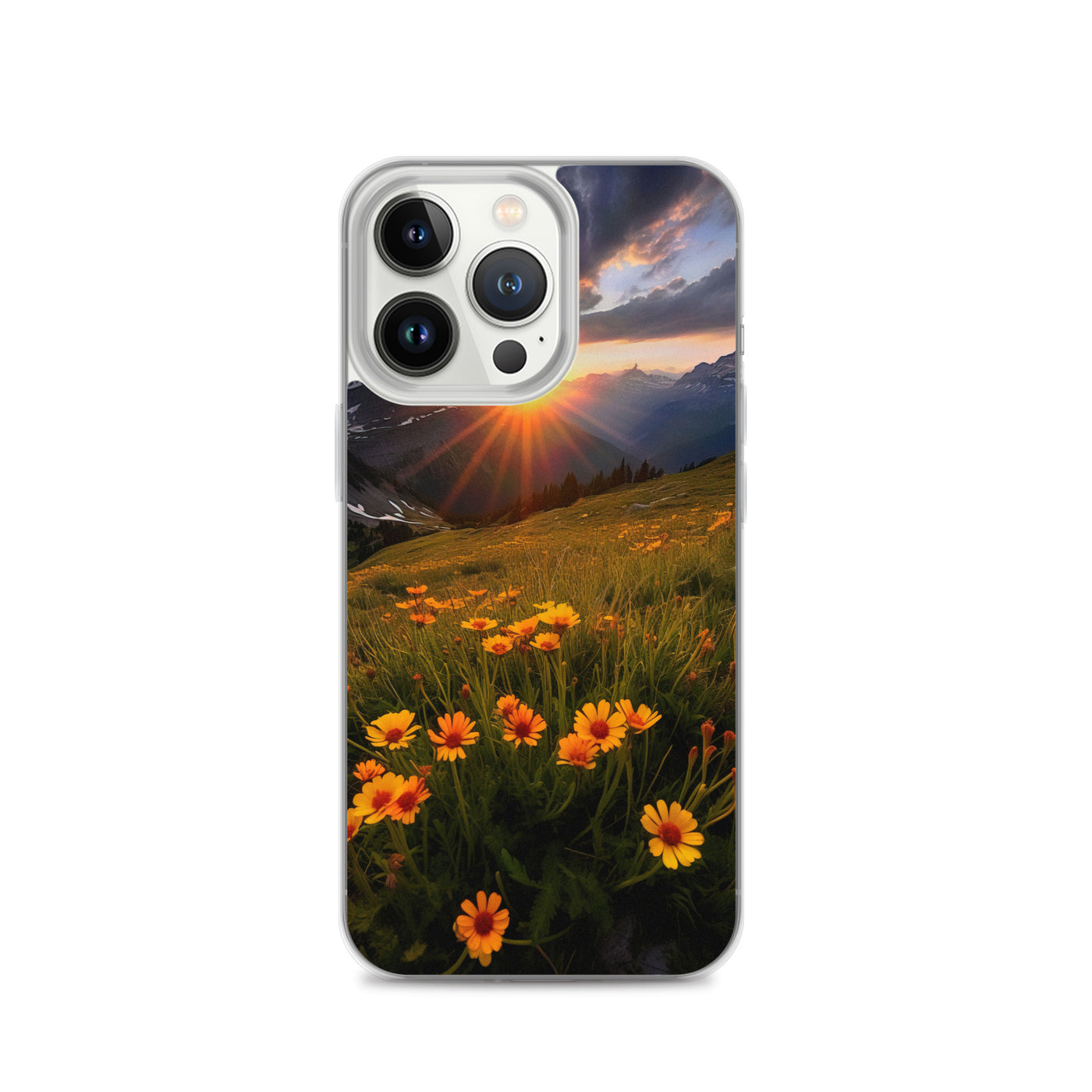 Gebirge, Sonnenblumen und Sonnenaufgang - iPhone Schutzhülle (durchsichtig) berge xxx iPhone 13 Pro