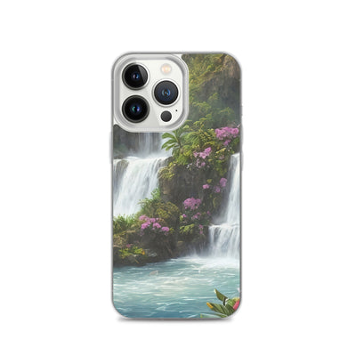 Wasserfall im Wald und Blumen - Schöne Malerei - iPhone Schutzhülle (durchsichtig) camping xxx iPhone 13 Pro