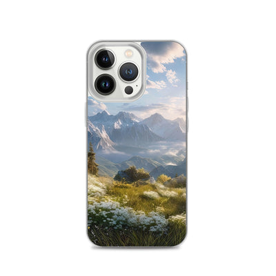 Berglandschaft mit Sonnenschein, Blumen und Bäumen - Malerei - iPhone Schutzhülle (durchsichtig) berge xxx iPhone 13 Pro