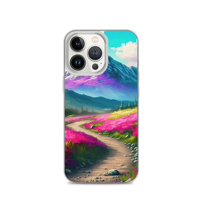 Berg, pinke Blumen und Wanderweg - Landschaftsmalerei - iPhone Schutzhülle (durchsichtig) berge xxx iPhone 13 Pro