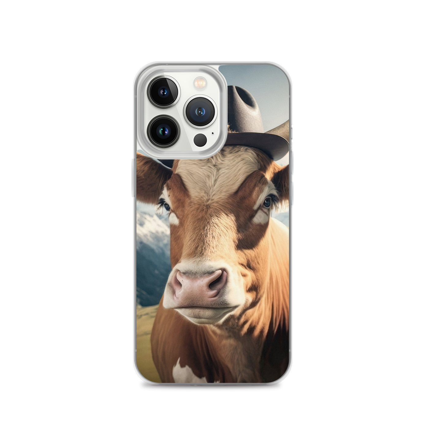 Kuh mit Hut in den Alpen - Berge im Hintergrund - Landschaftsmalerei - iPhone Schutzhülle (durchsichtig) berge xxx iPhone 13 Pro