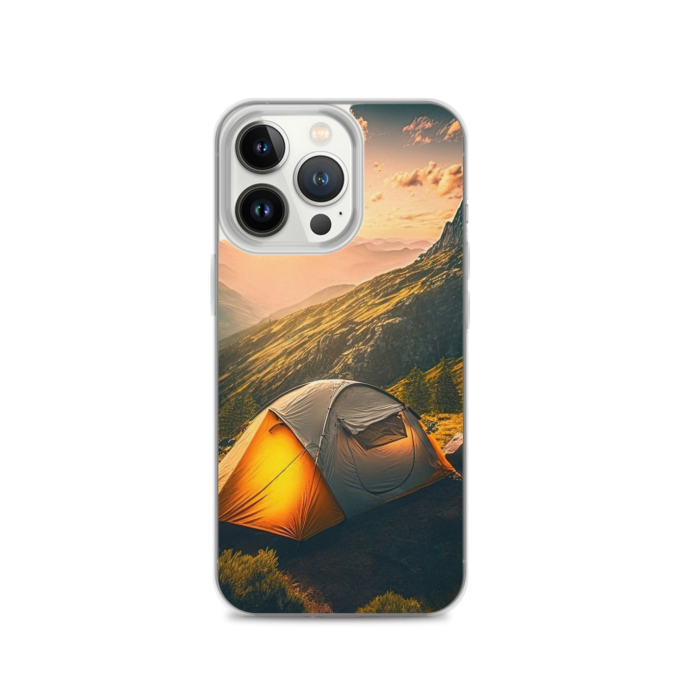 Zelt auf Berg im Sonnenaufgang - Landschafts - iPhone Schutzhülle (durchsichtig) camping xxx iPhone 13 Pro