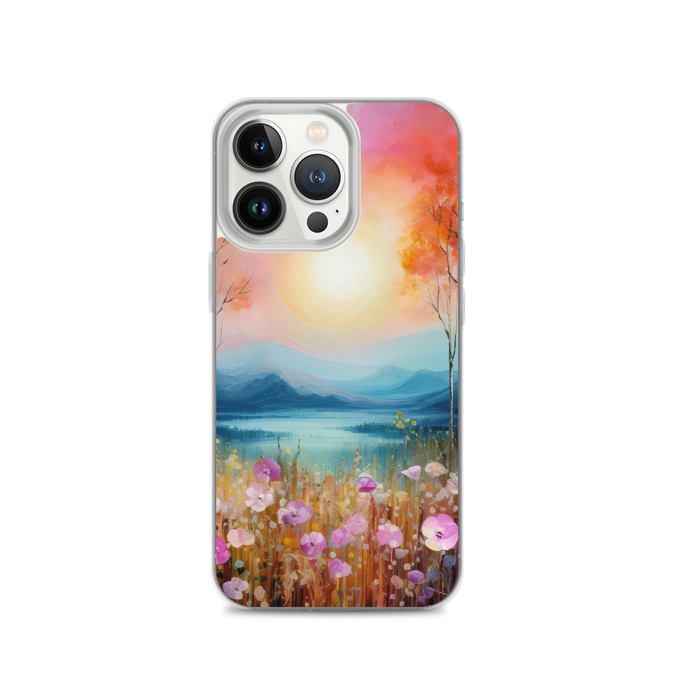 Berge, See, pinke Bäume und Blumen - Malerei - iPhone Schutzhülle (durchsichtig) berge xxx iPhone 13 Pro