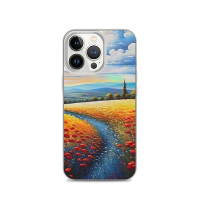 Feld mit roten Blumen und Berglandschaft - Landschaftsmalerei - iPhone Schutzhülle (durchsichtig) berge xxx iPhone 13 Pro