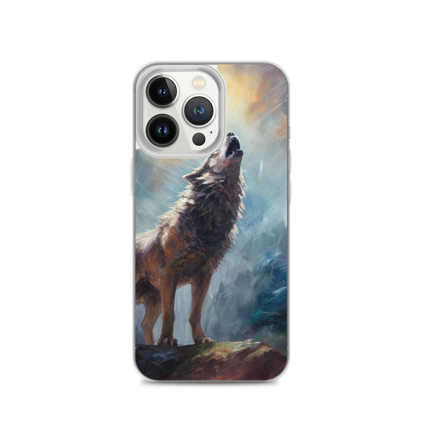 Heulender Wolf auf Berggipfel und Mond im Hintergrund – Abstrakte Malerei - iPhone Schutzhülle (durchsichtig) camping xxx iPhone 13 Pro