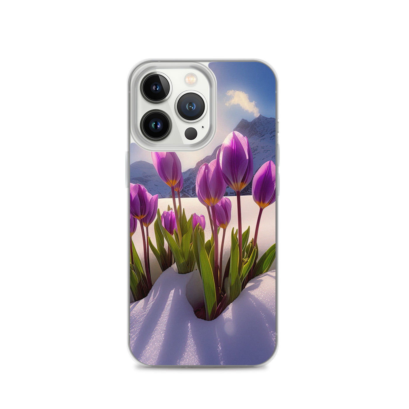 Tulpen im Schnee und in den Bergen - Blumen im Winter - iPhone Schutzhülle (durchsichtig) berge xxx iPhone 13 Pro