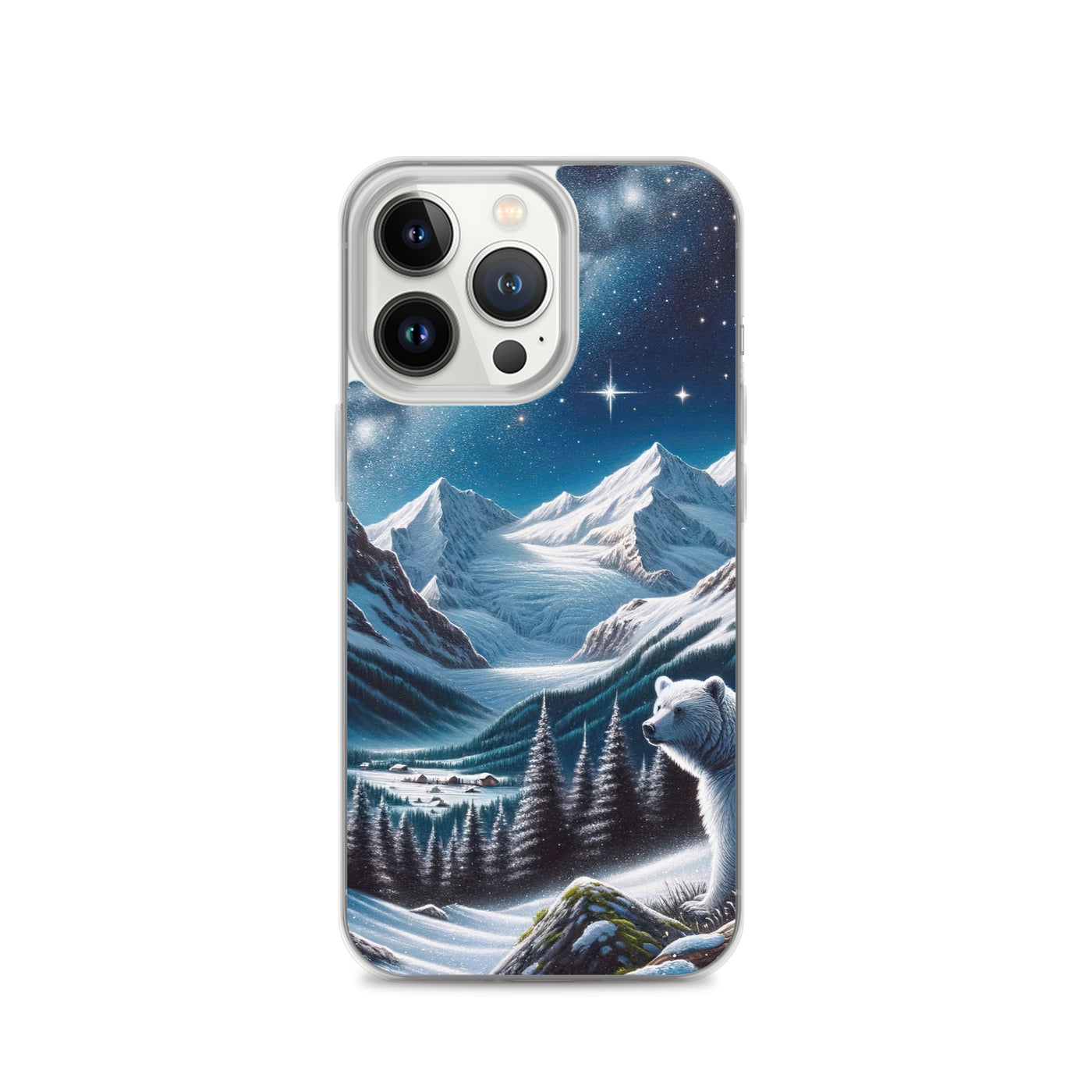 Sternennacht und Eisbär: Acrylgemälde mit Milchstraße, Alpen und schneebedeckte Gipfel - iPhone Schutzhülle (durchsichtig) camping xxx yyy zzz iPhone 13 Pro