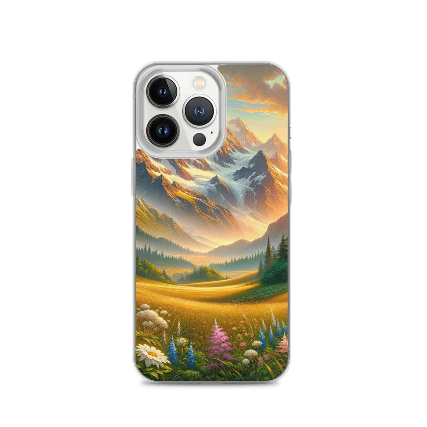Heitere Alpenschönheit: Schneeberge und Wildblumenwiesen - iPhone Schutzhülle (durchsichtig) berge xxx yyy zzz iPhone 13 Pro