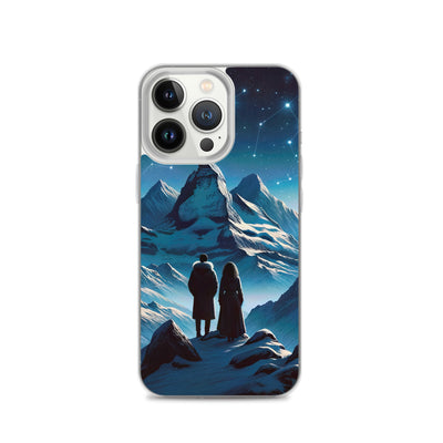 Alpenwinternacht: Digitale Kunst mit Wanderern in Bergen und Sternenhimmel - iPhone Schutzhülle (durchsichtig) wandern xxx yyy zzz iPhone 13 Pro