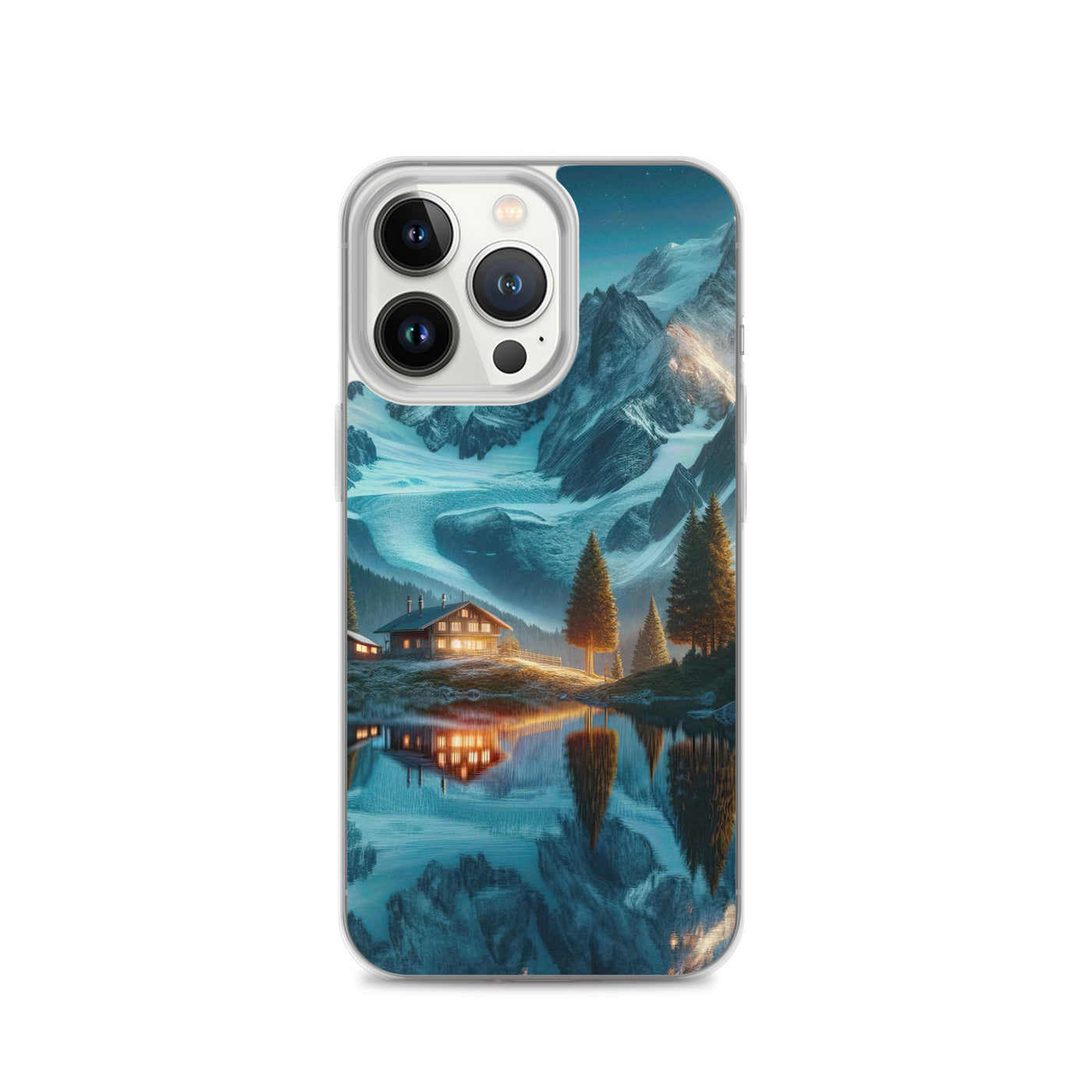 Stille Alpenmajestätik: Digitale Kunst mit Schnee und Bergsee-Spiegelung - iPhone Schutzhülle (durchsichtig) berge xxx yyy zzz iPhone 13 Pro