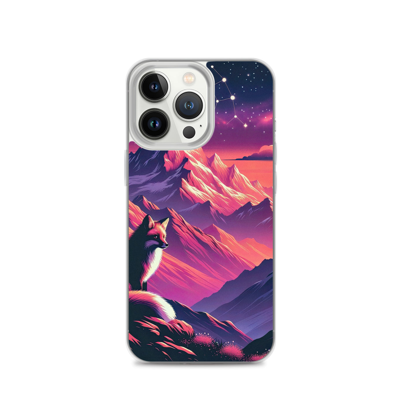 Fuchs im dramatischen Sonnenuntergang: Digitale Bergillustration in Abendfarben - iPhone Schutzhülle (durchsichtig) camping xxx yyy zzz iPhone 13 Pro