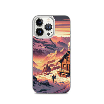 Berghütte im goldenen Sonnenuntergang: Digitale Alpenillustration - iPhone Schutzhülle (durchsichtig) berge xxx yyy zzz iPhone 13 Pro